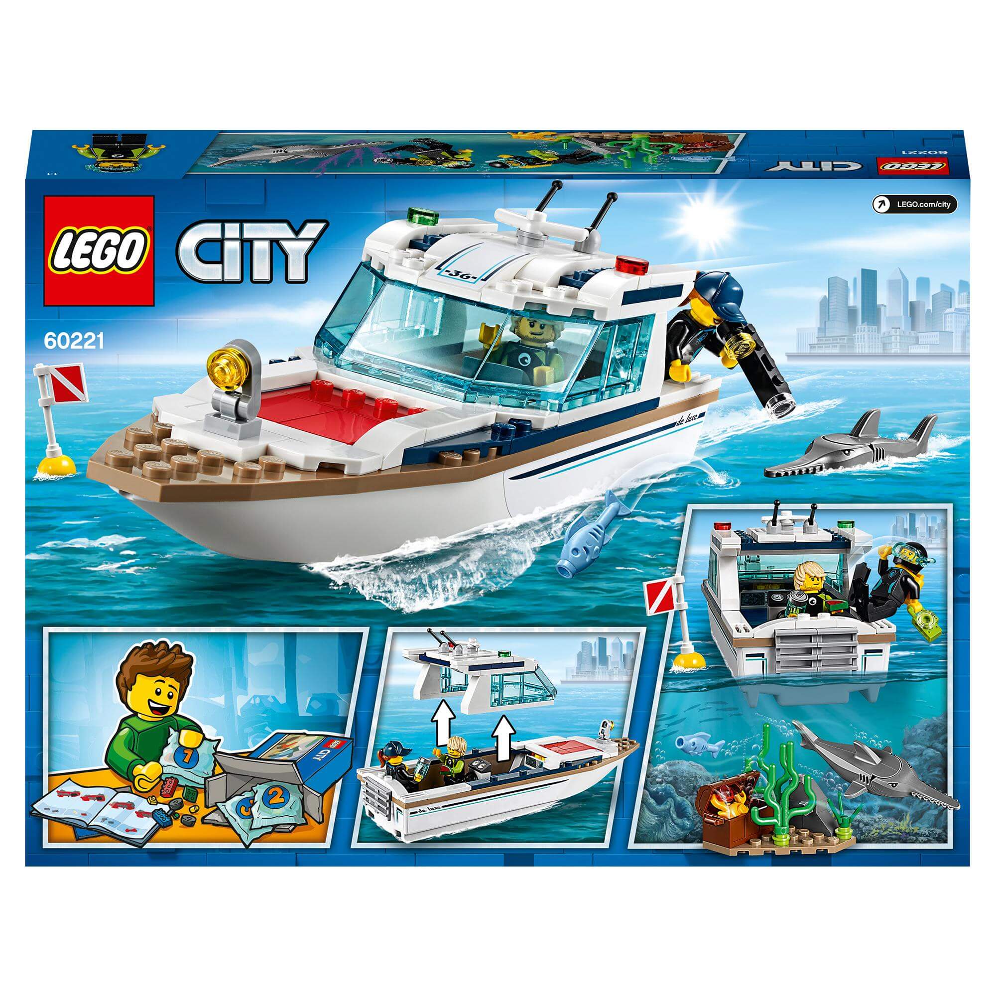 LEGO City Diving Yacht Deep Sea Boat Set 60221 with characters, boat, and ocean scene.