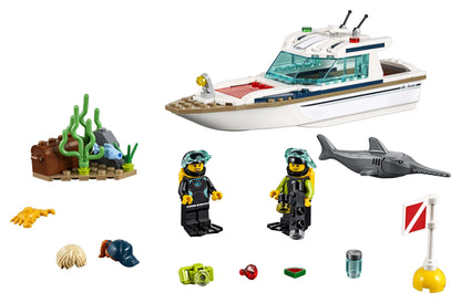 LEGO® City Diving Yacht Set 60221 featuring divers, shark, seaweed, and underwater accessories.