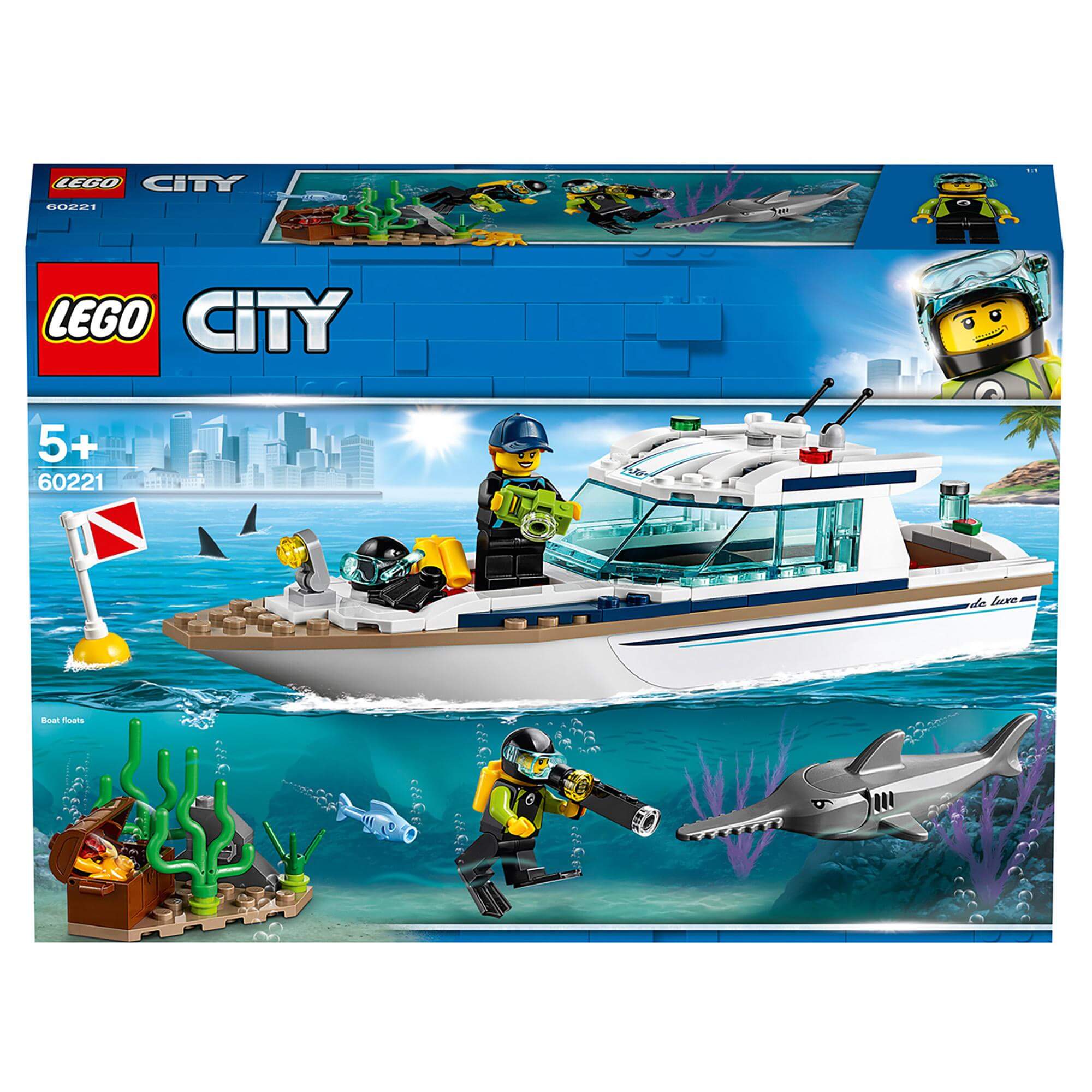 LEGO® City Diving Yacht Deep Sea Boat Set 60221 featuring a boat, divers, and underwater elements for ages 5+.