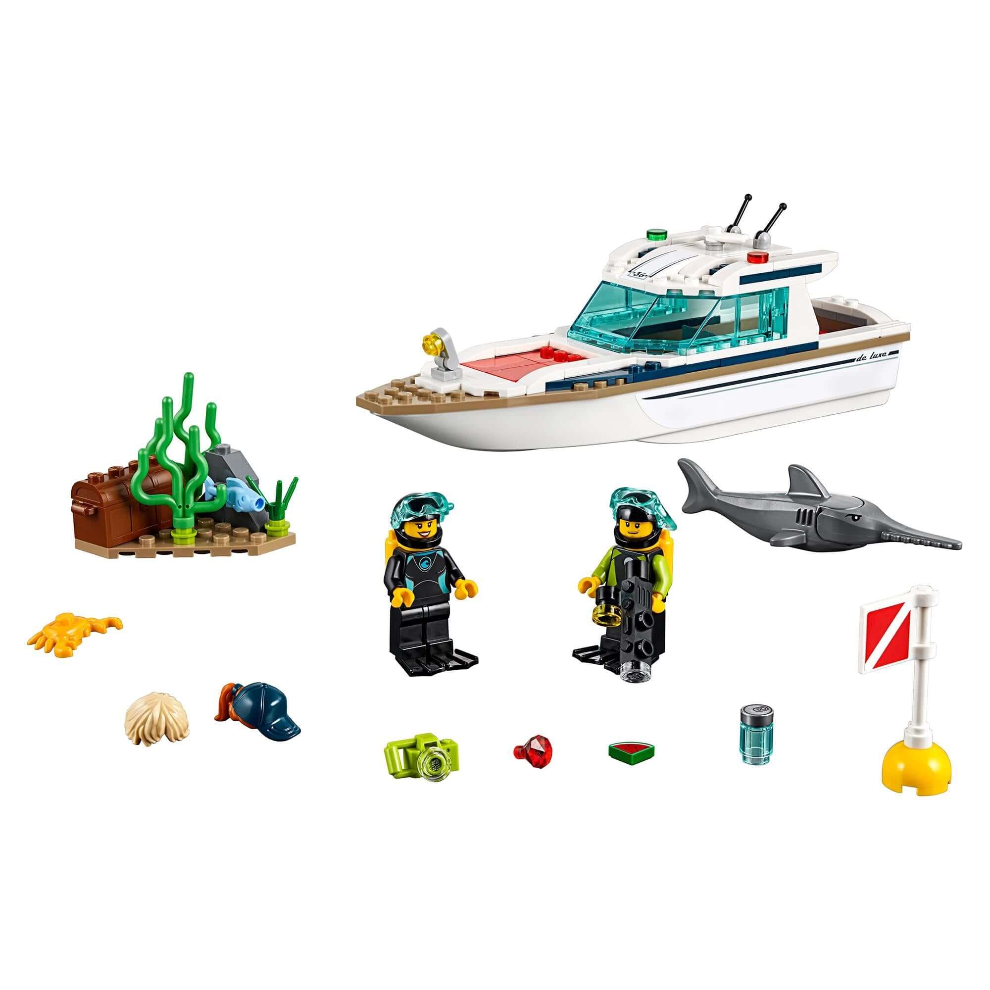 LEGO City Diving Yacht Set 60221 with divers, shark, and underwater accessories for ocean exploration.