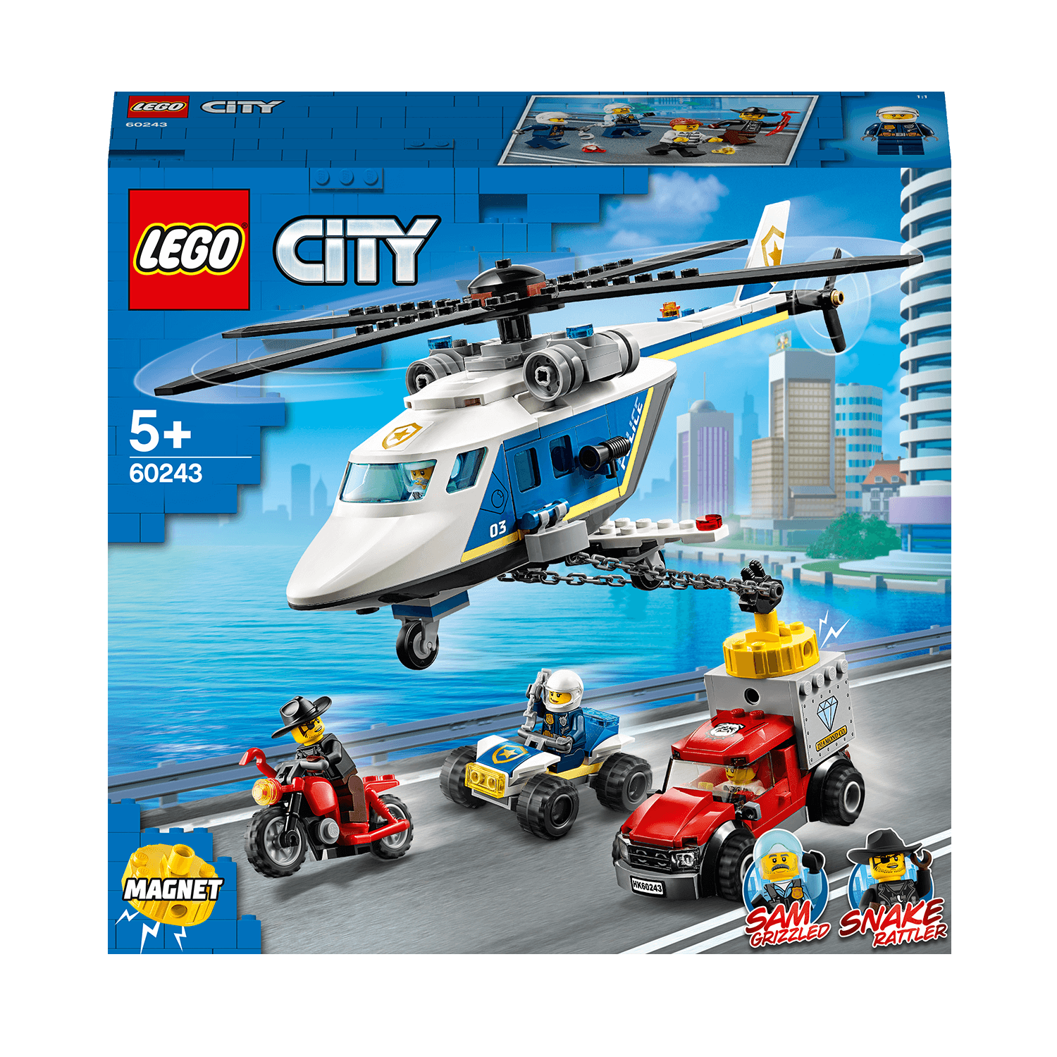 LEGO City Police Helicopter Chase set 60243 features a helicopter, bike, and getaway truck with a powerful magnet.