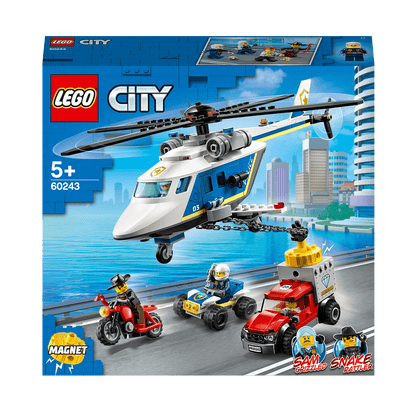 LEGO City Police Helicopter Chase set 60243 features a helicopter, bike, and getaway truck with a powerful magnet.