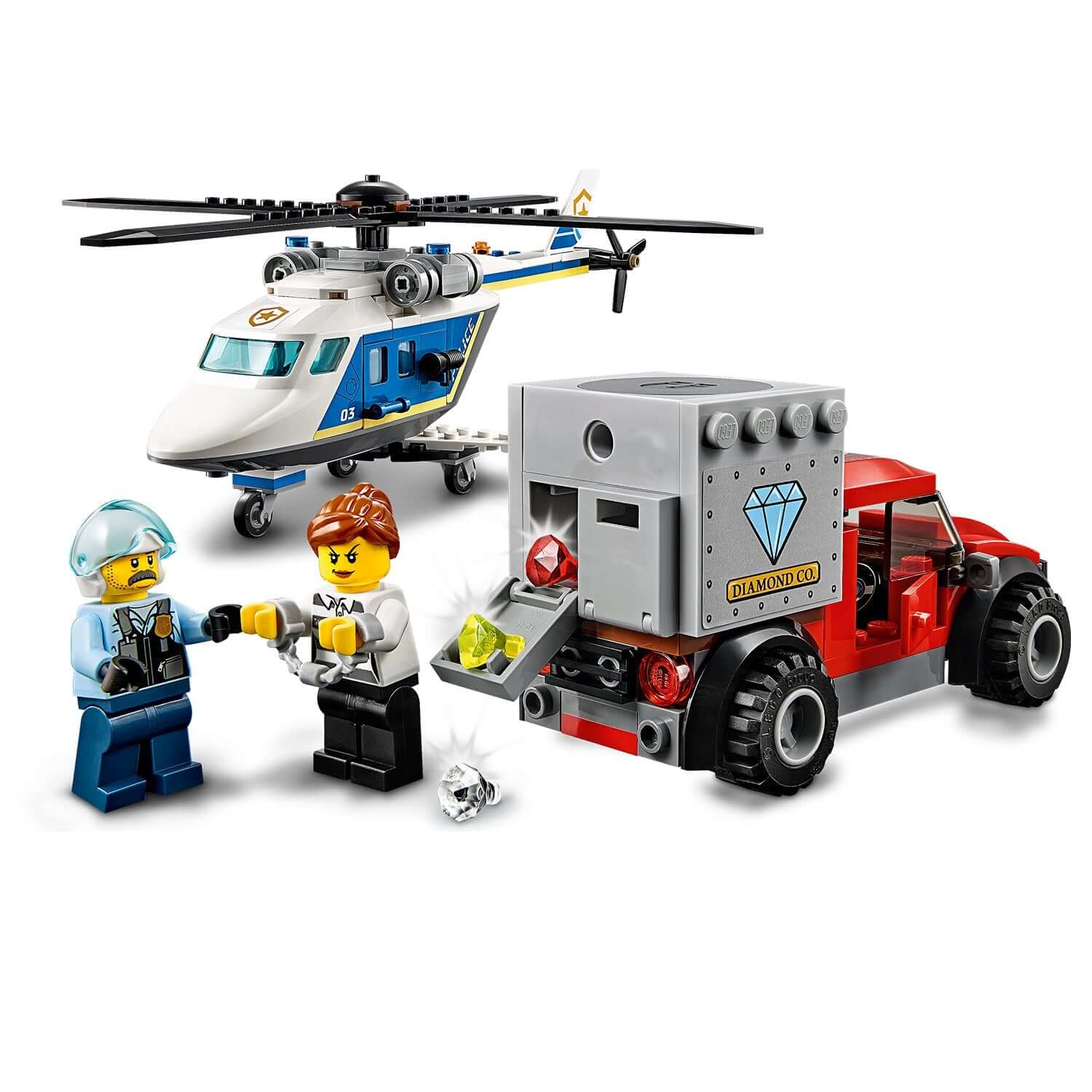 LEGO City Police Helicopter Chase Set 60243 with helicopter, truck, and mini-figures in action.