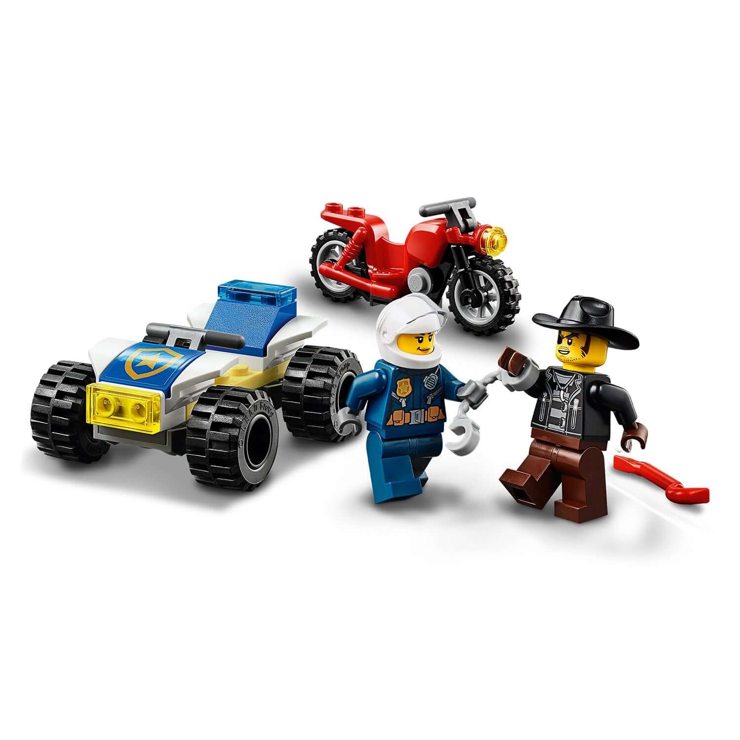 LEGO City Police Helicopter Chase Set 60243 with police officer, villain, toy car, and motorcycle for imaginative play.