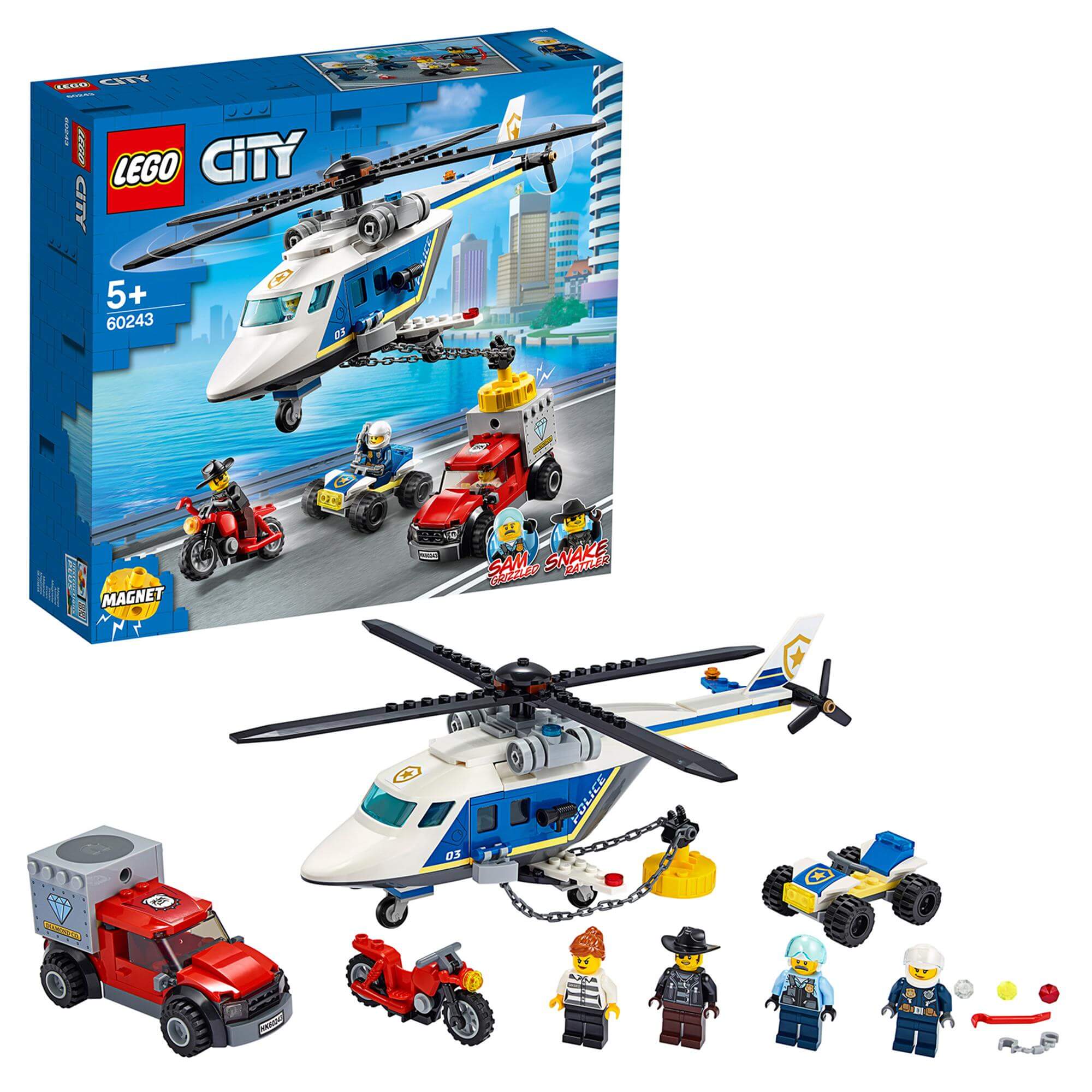 LEGO City Police Helicopter Chase Set 60243 featuring a helicopter, getaway truck, and mini-figures for action-packed play.