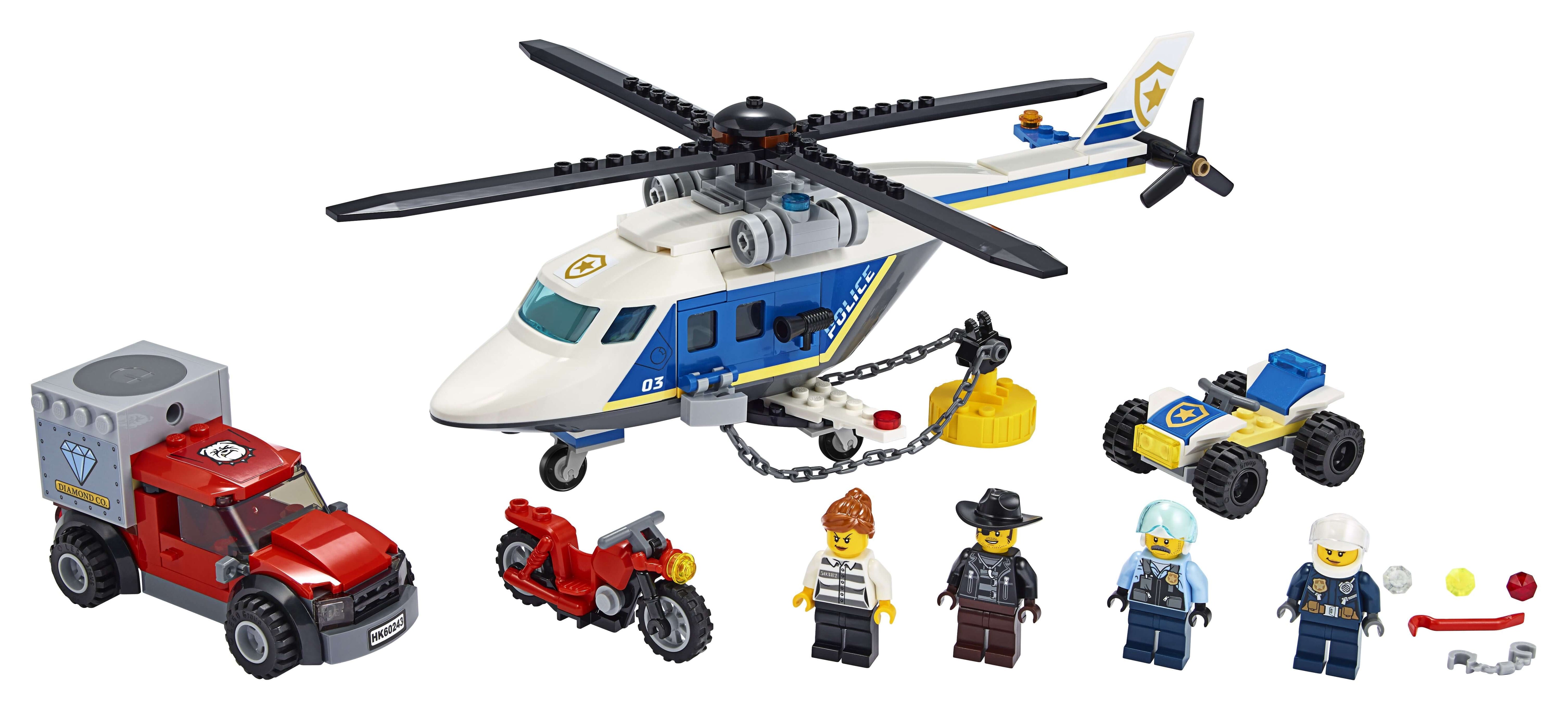LEGO® City Police Helicopter Chase Set 60243 featuring helicopter, truck, and minifigures for exciting car-chase play.
