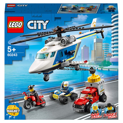 LEGO City Police Helicopter Chase Set 60243 with helicopter, cars, and minifigures in action.