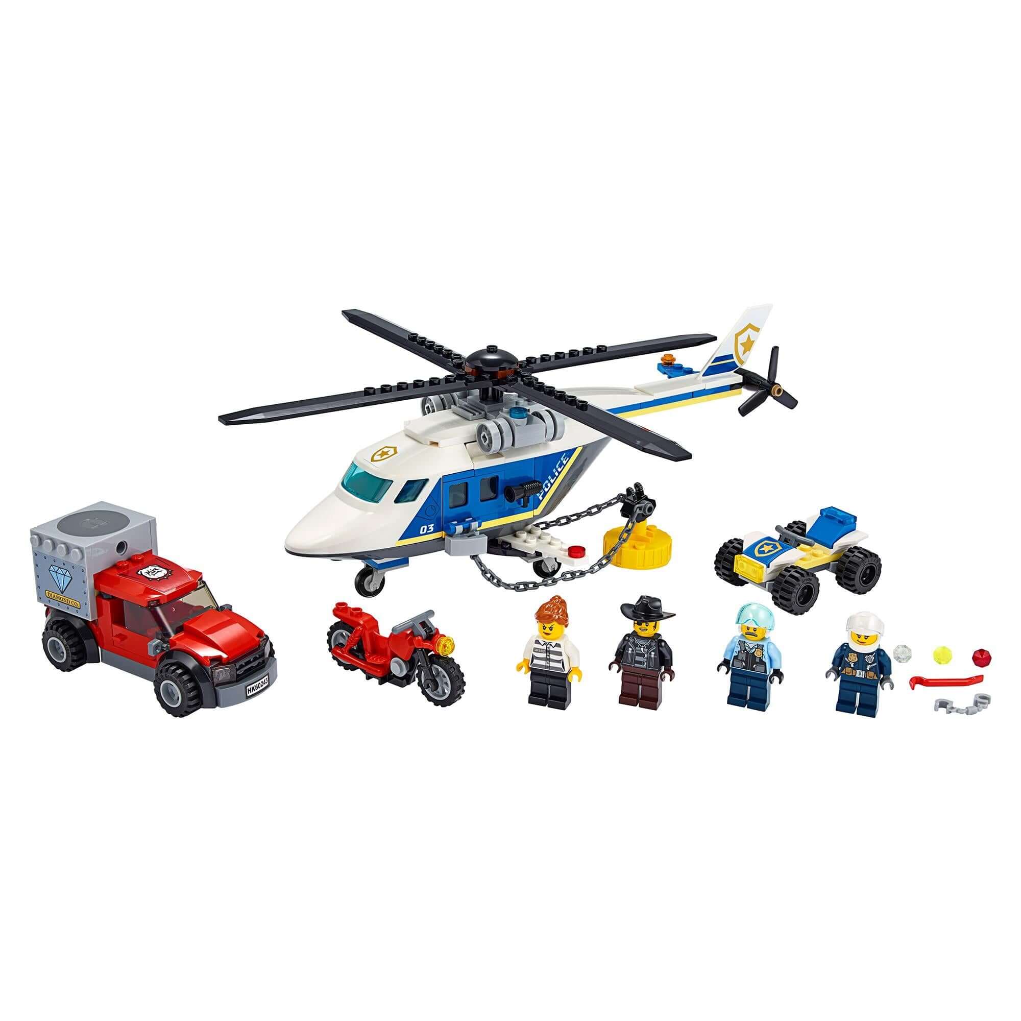 LEGO City Police Helicopter Chase Set 60243 with helicopter, truck, and mini-figures for an action-packed play experience.