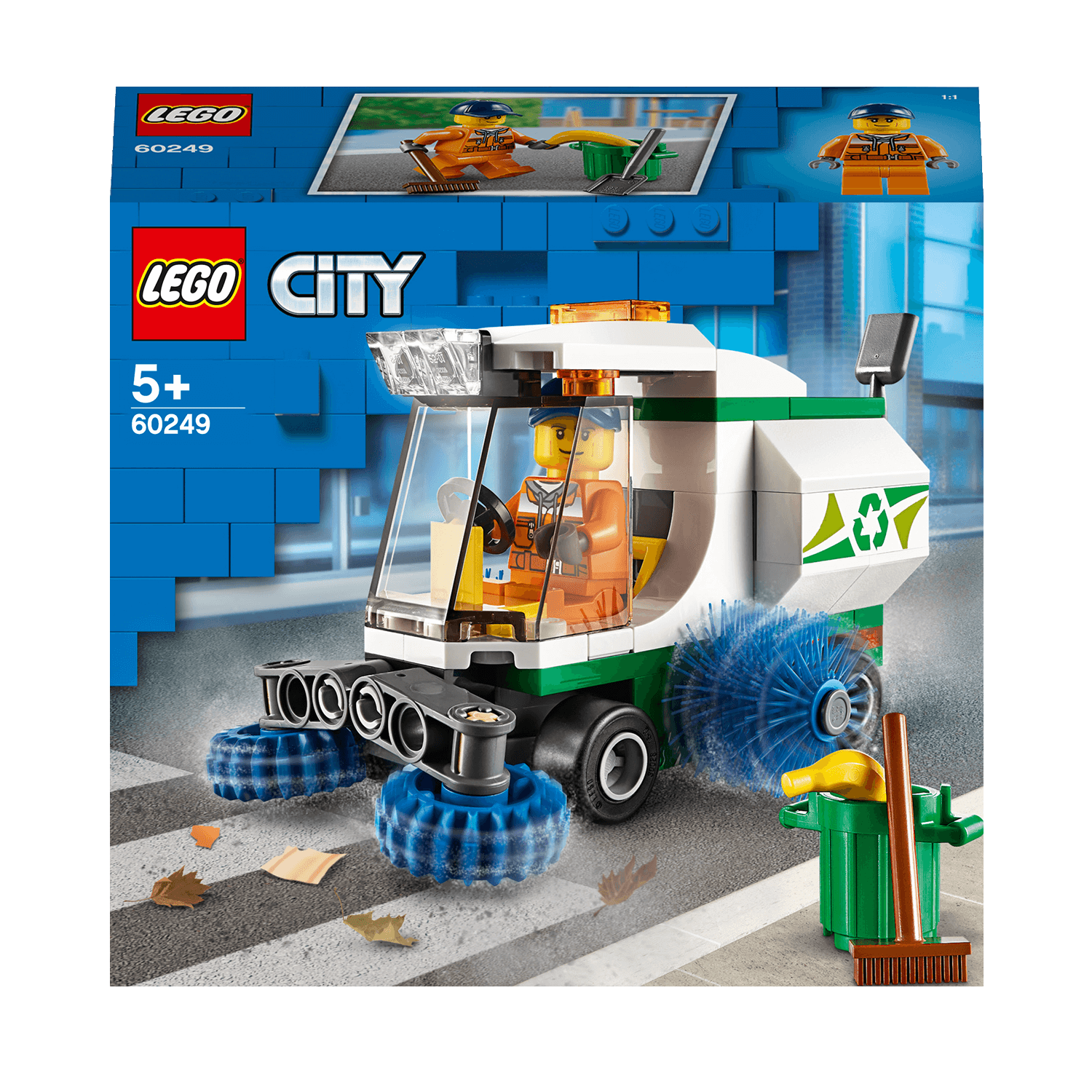 LEGO City Great Vehicles Street Sweeper Toy 60249 with driver minifigure and spinning brushes for kids 5+.