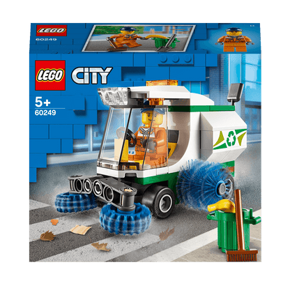 LEGO City Great Vehicles Street Sweeper Toy 60249 with driver minifigure and spinning brushes for kids 5+.