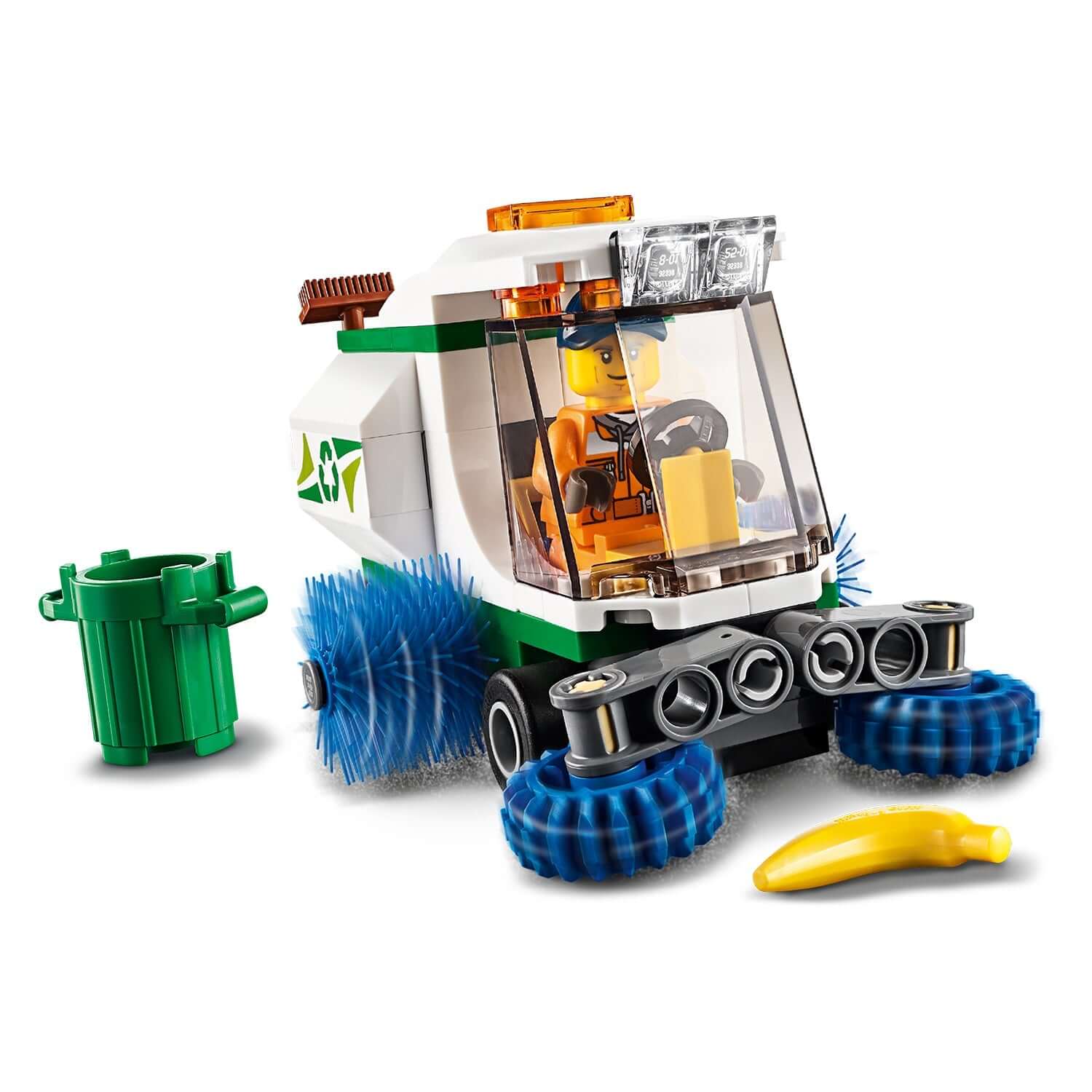 LEGO® City Great Vehicles Street Sweeper 60249 with spinning brushes, driver minifigure, and trash bin.