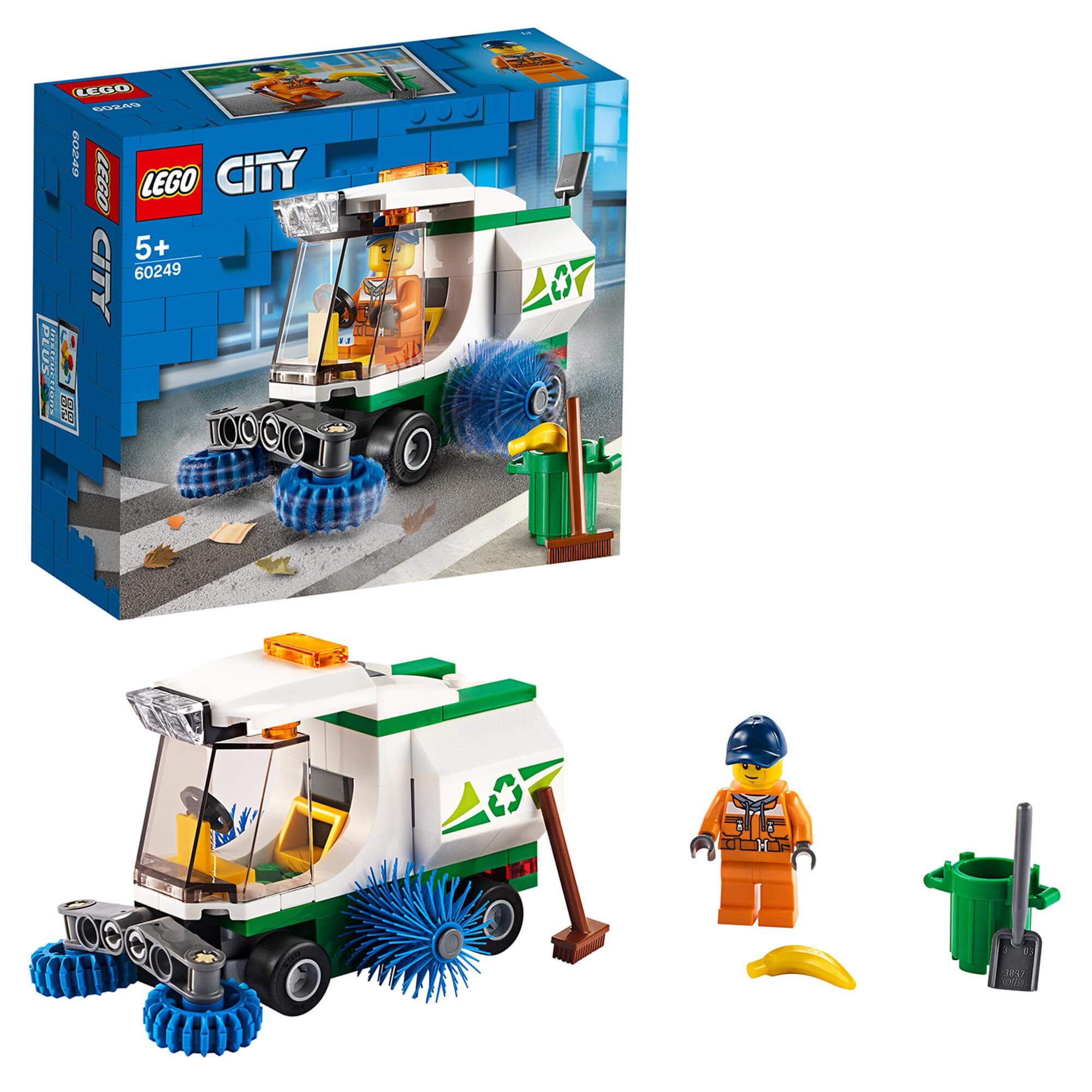 LEGO City Great Vehicles Street Sweeper Toy 60249 with minifigure, spinning brushes, and cleaning accessories.