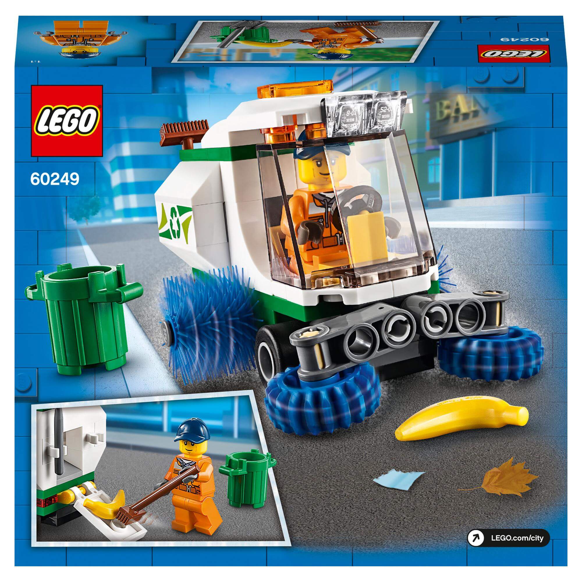 LEGO City Great Vehicles Street Sweeper Toy 60249 with driver minifigure and spinning brushes.