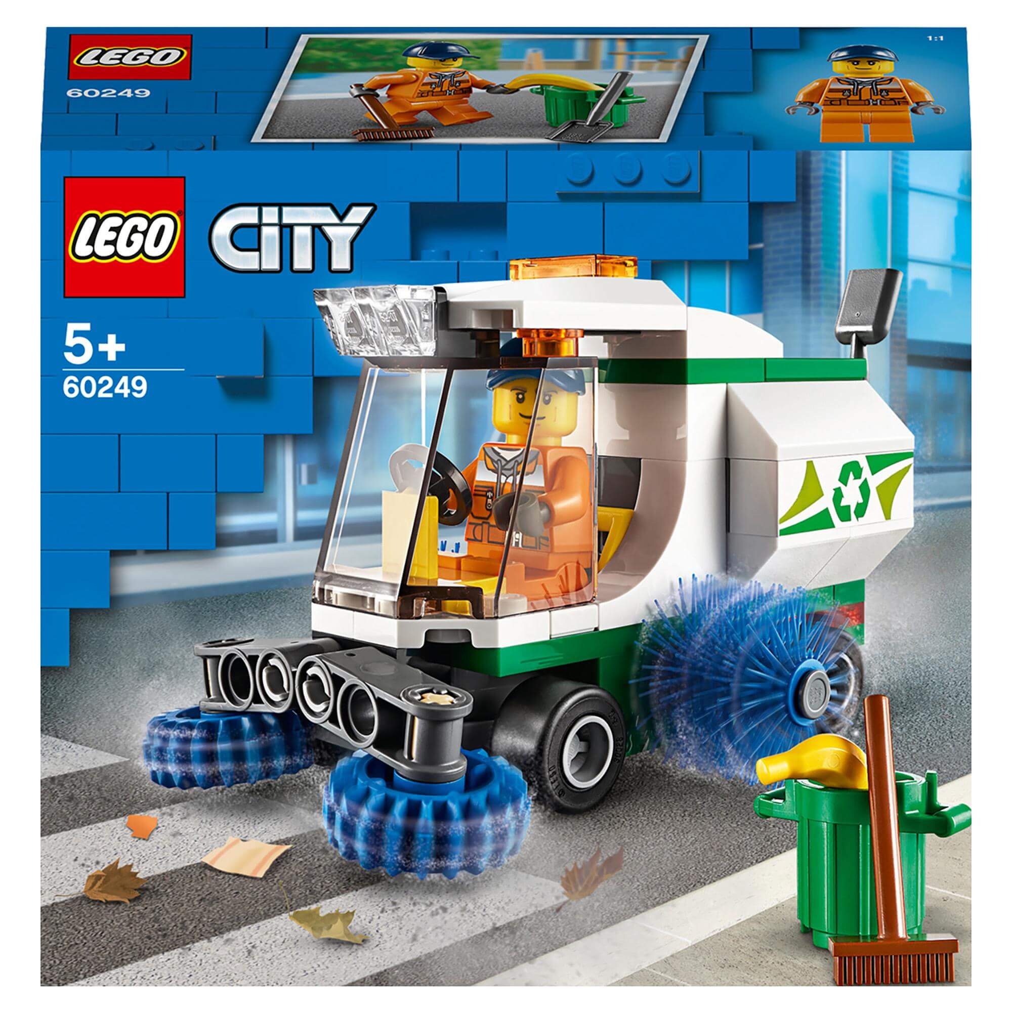 LEGO City Great Vehicles Street Sweeper 60249 with minifigure, spinning brushes, and cleaning accessories.