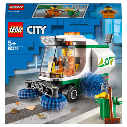 LEGO City Great Vehicles Street Sweeper 60249 with minifigure, spinning brushes, and cleaning accessories.