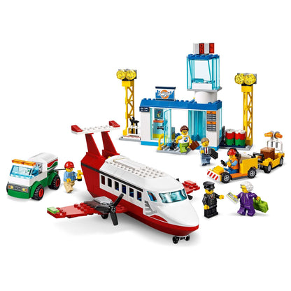 LEGO City 4+ Central Airport charter toy set with terminal, plane, minifigures, and vehicles for imaginative play.