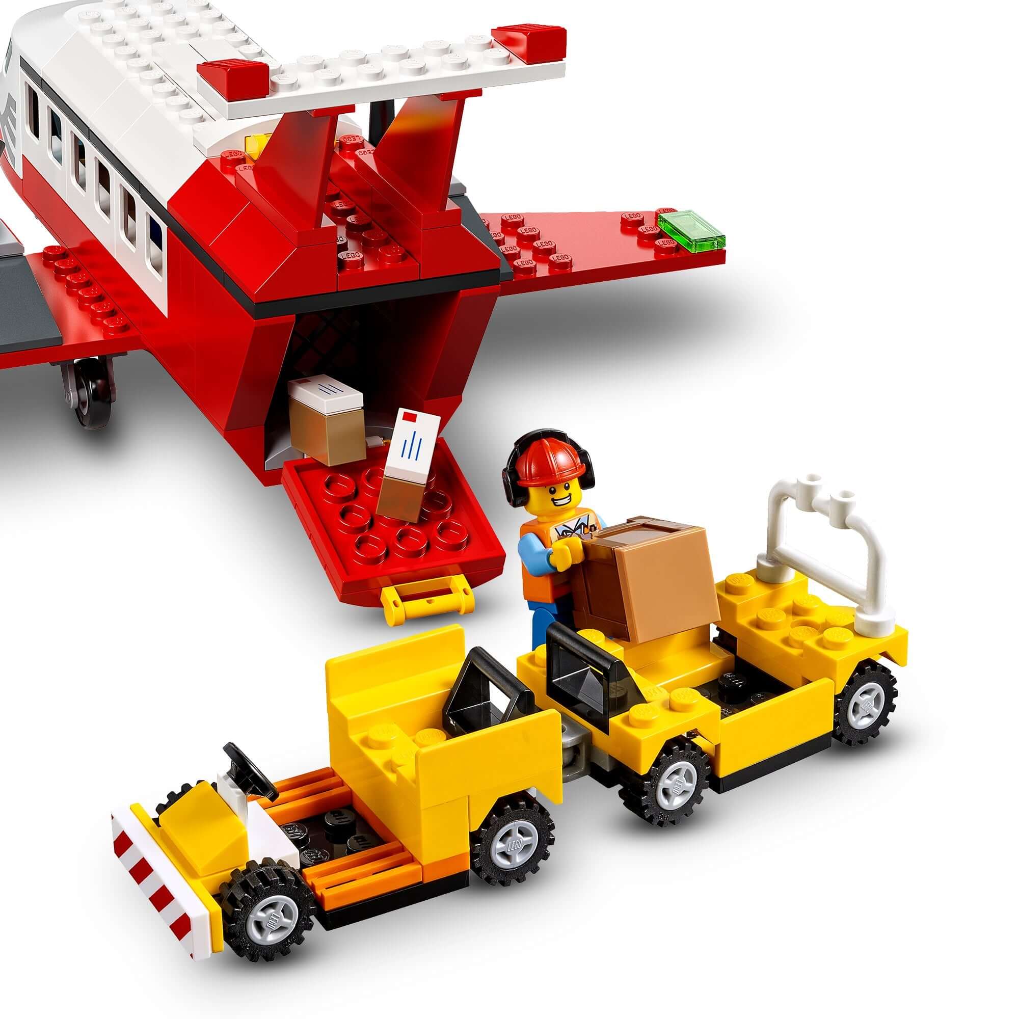 LEGO City 4+ Central Airport toy with charter plane, luggage truck, and minifigure loading boxes.