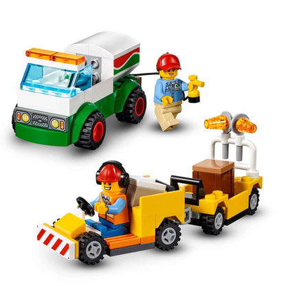 LEGO City airport vehicles set featuring a luggage truck and fuel tanker with minifigures in action.
