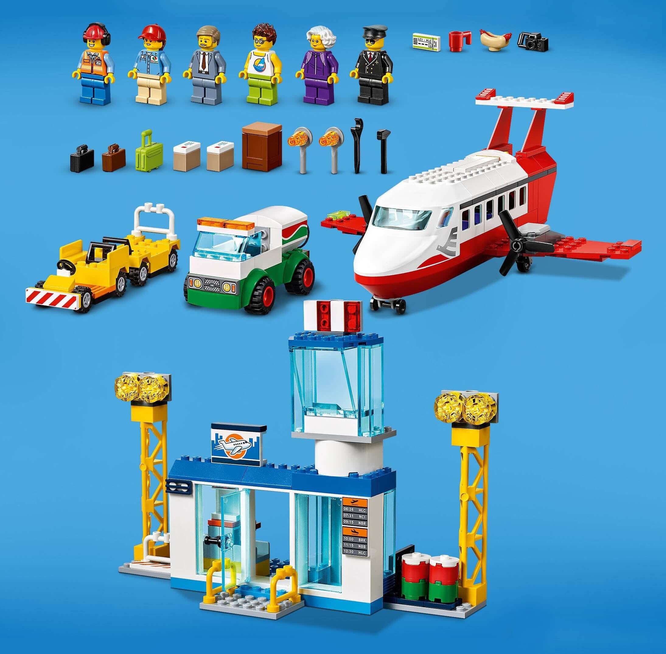 LEGO® City Central Airport set with charter plane, luggage truck, terminal, and minifigures for kids ages 4 and up.