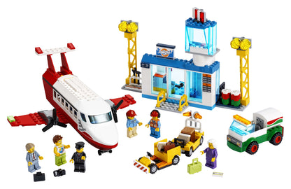 LEGO® City 4+ Central Airport set with terminal, charter plane, luggage truck, fuel tanker, and 6 minifigures.