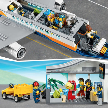 LEGO® City Passenger Airplane 60262 with vacationers and a red automobile inside the airport terminal.