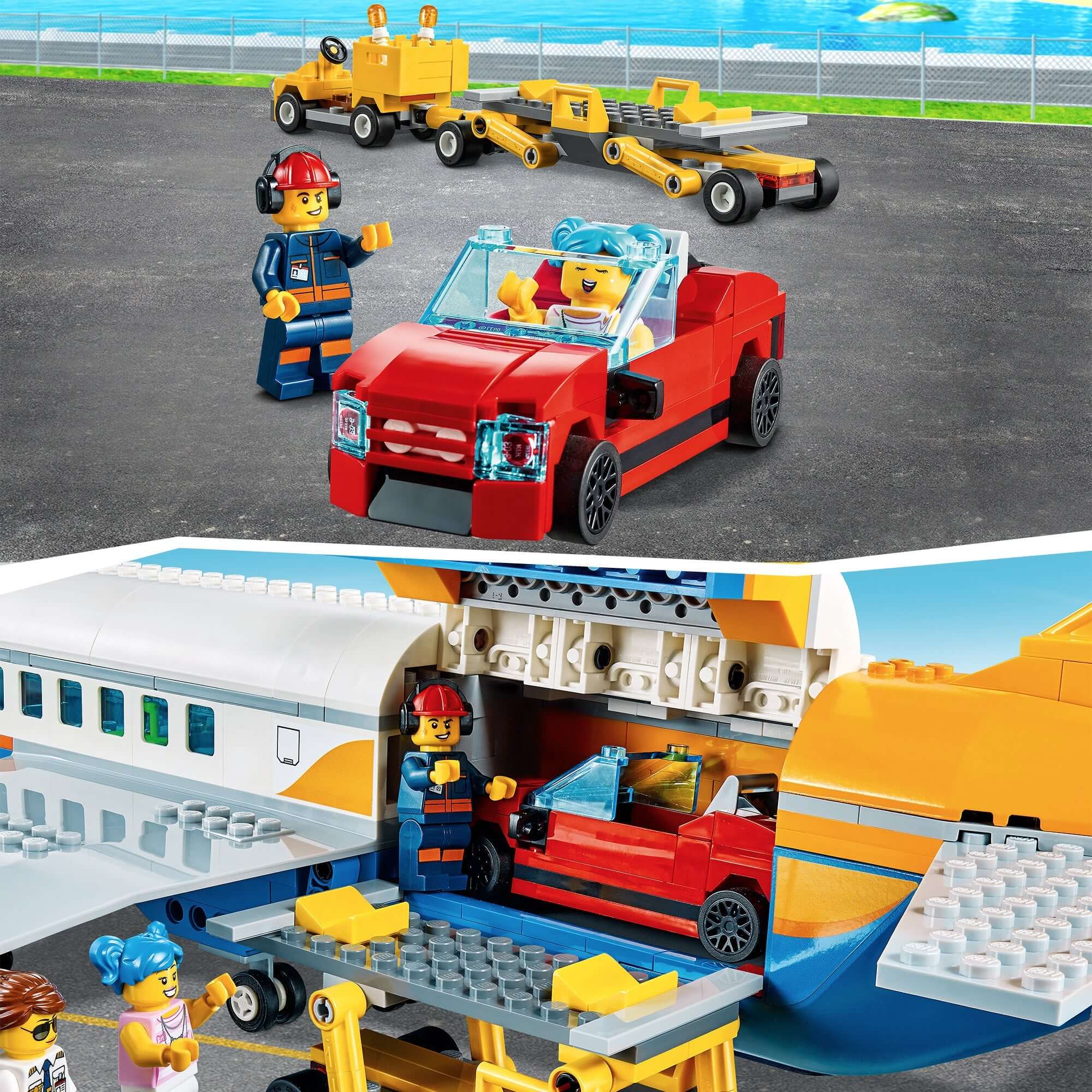 LEGO® City Passenger Airplane set with red car, airport scene, and mini-figures for imaginative play.