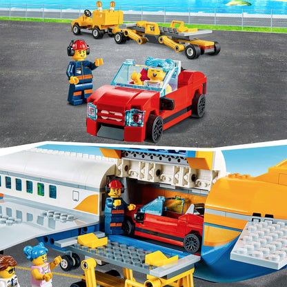 LEGO® City Passenger Airplane set with red car, airport scene, and mini-figures for imaginative play.