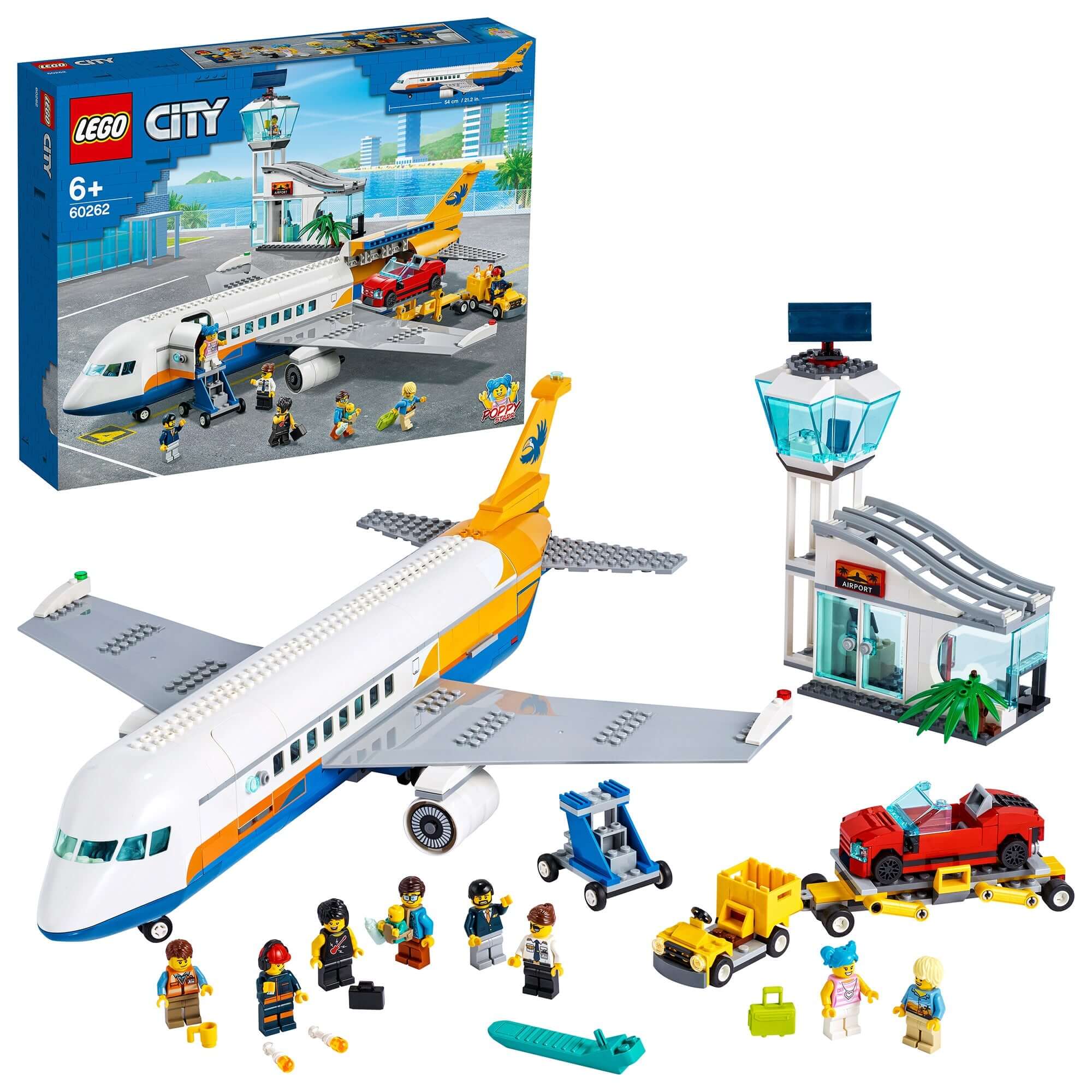 LEGO City Airport Passenger Airplane toy 60262 with minifigures, cars, and airport tower for imaginative play.