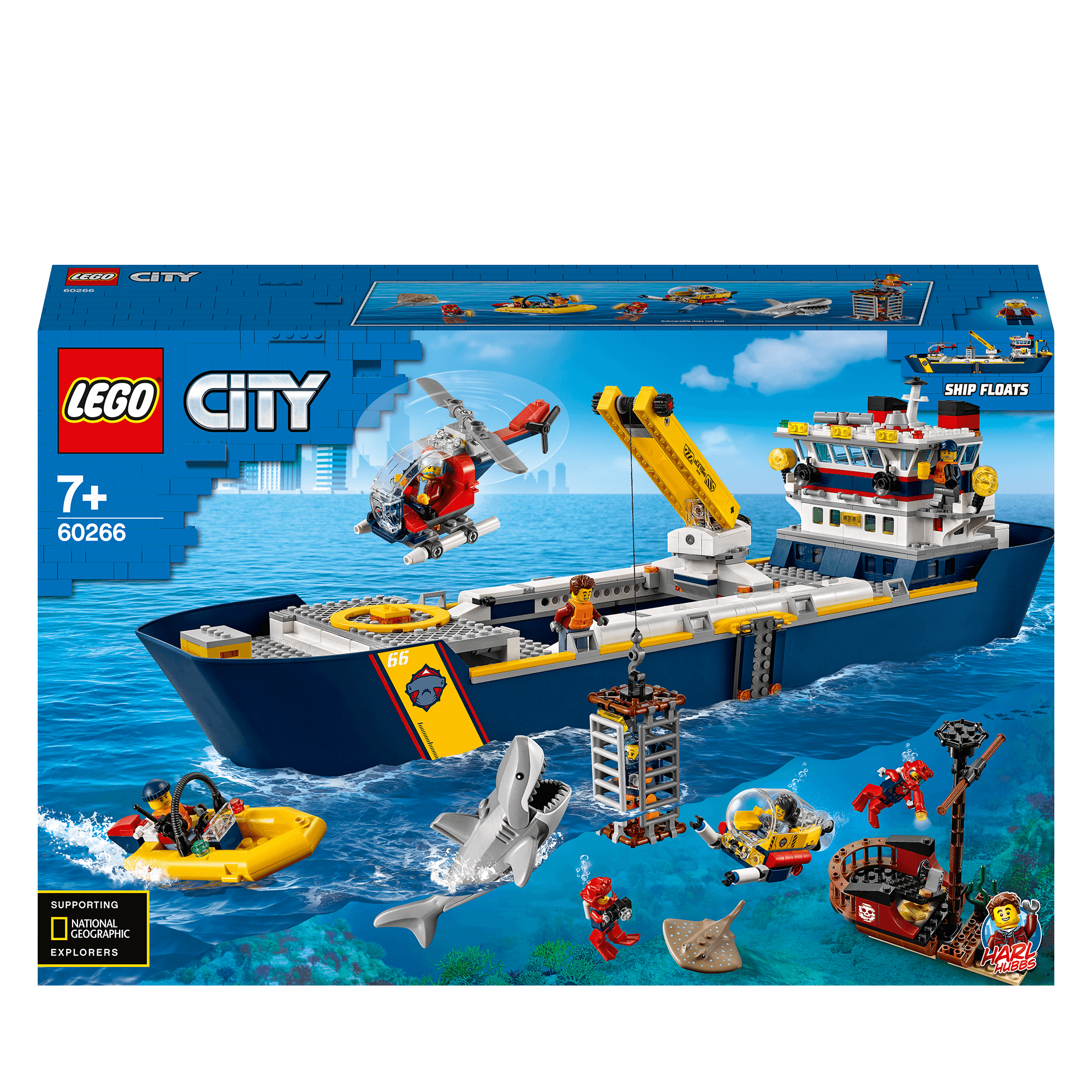 LEGO® City Ocean Exploration Ship Toy Boat 60266 playset, featuring deep-sea explorers and marine life, supports National Geographic.
