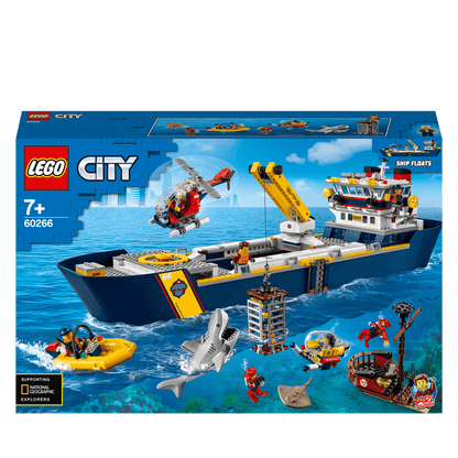 LEGO® City Ocean Exploration Ship Toy Boat 60266 playset, featuring deep-sea explorers and marine life, supports National Geographic.