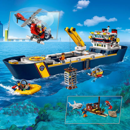 LEGO® City Ocean Exploration Ship Toy Boat 60266 with helicopter, divers, and underwater scenes.