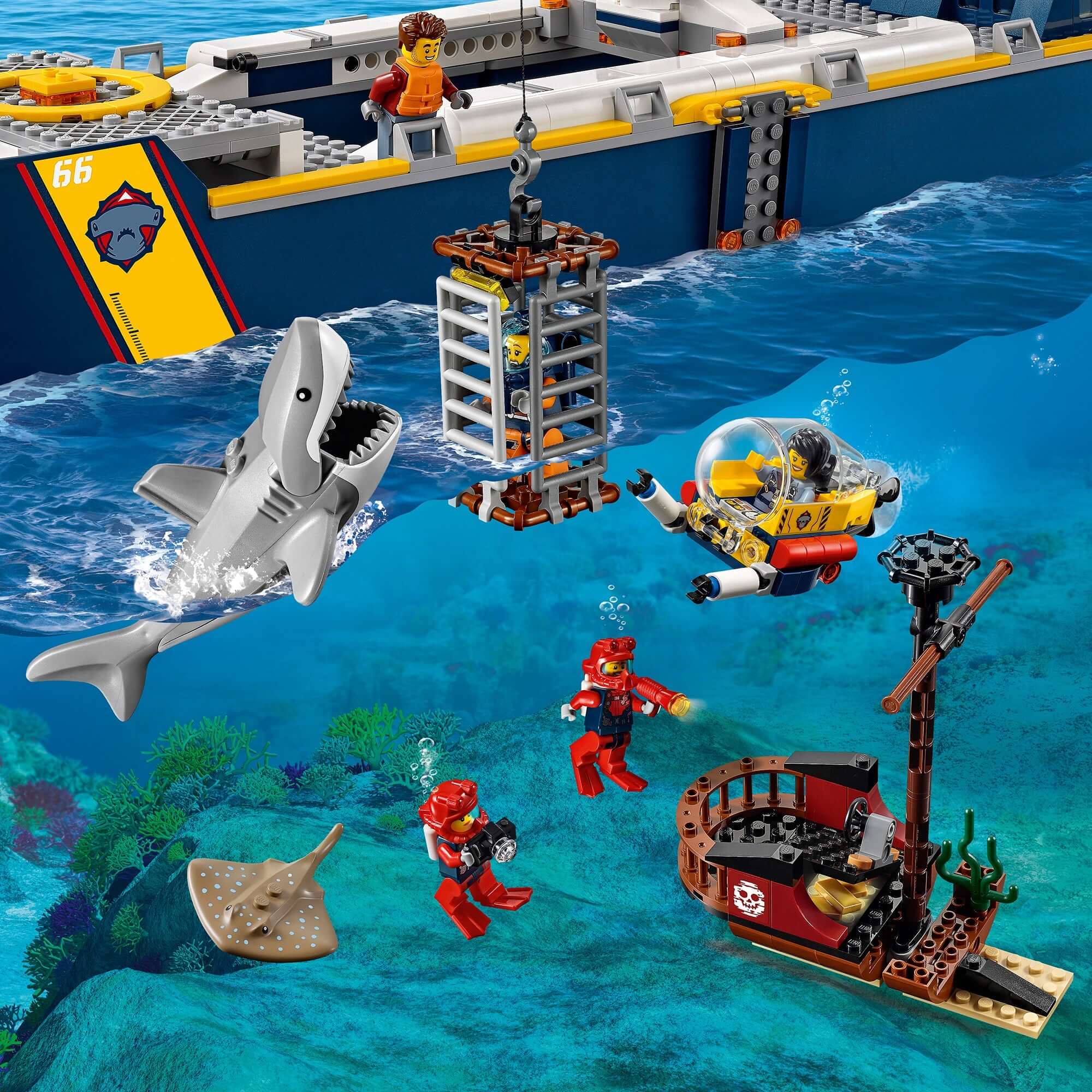 LEGO® City Ocean Exploration Ship playset with divers, a shark, and a stingray in an underwater scene.