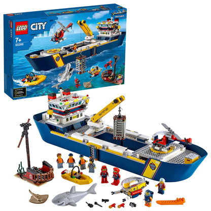 LEGO City 60266 Ocean Exploration Ship Toy set with boat, divers, and accessories for deep-sea adventures.