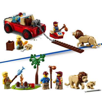LEGO City Wildlife Rescue Off Roader set with figures, animals, and rescue scene, promoting imaginative play.