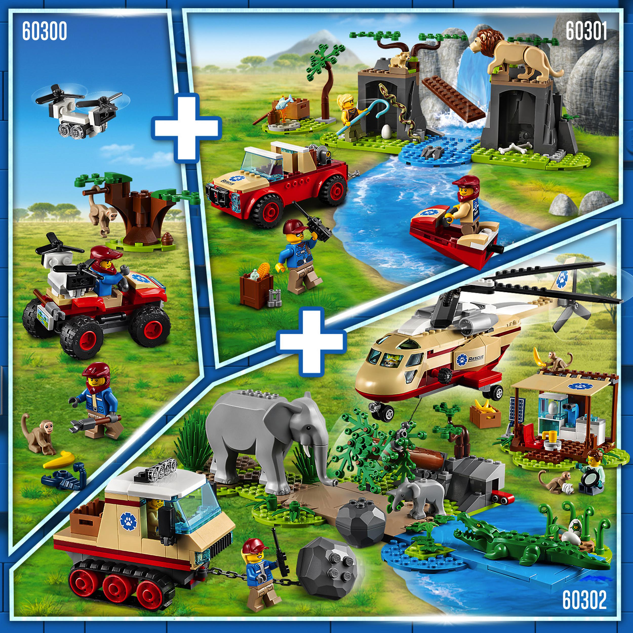 LEGO® City Wildlife Rescue Off Roader Car Toy 60301 with animals, rescue vehicles, and characters in a vibrant playset.