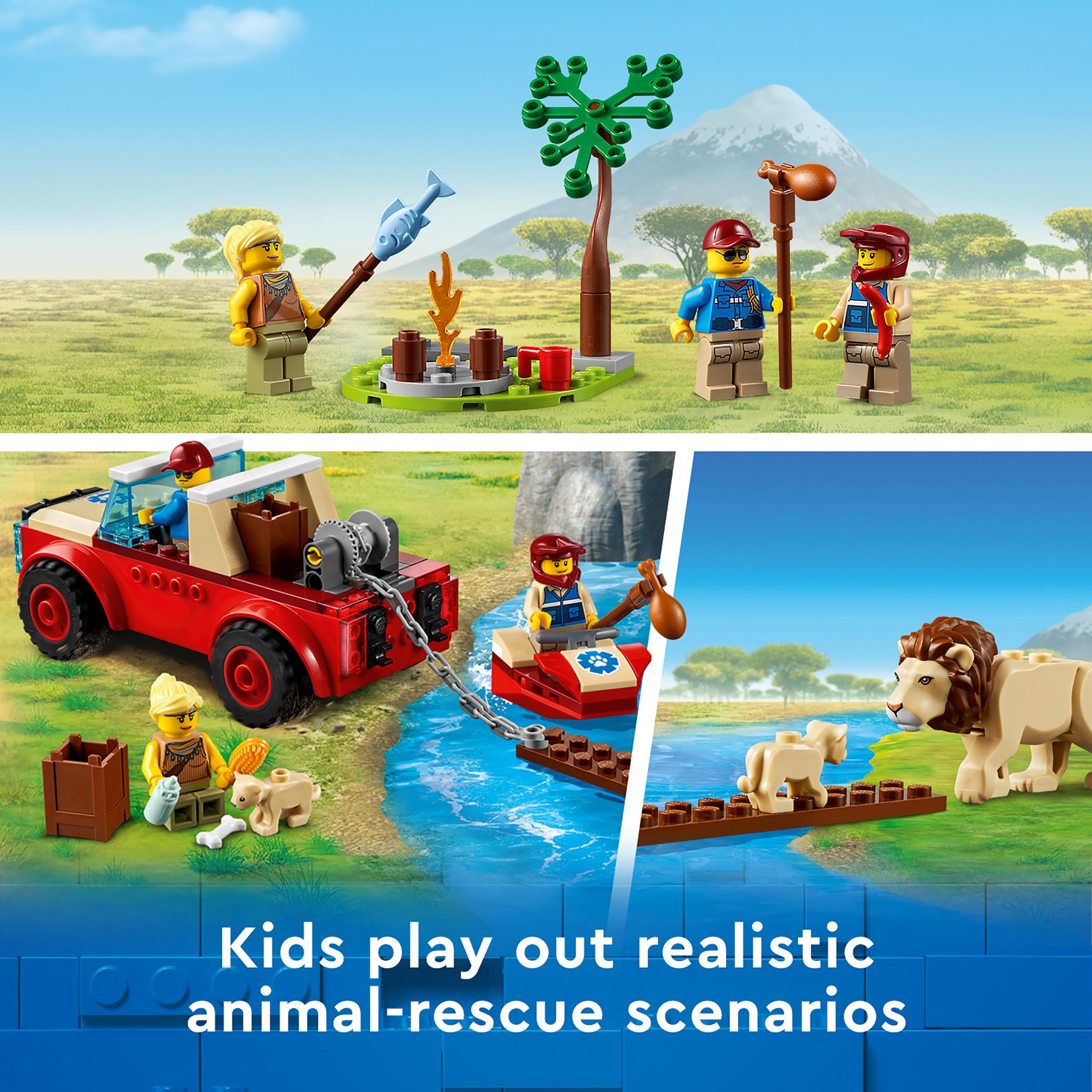 Kids playing with LEGO® City Wildlife Rescue Off Roader set, featuring animal rescue scenarios and adventures.