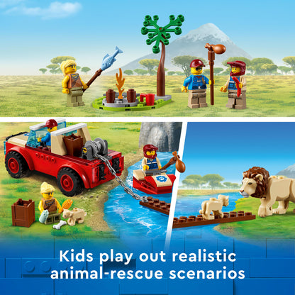 Kids playing with LEGO® City Wildlife Rescue Off Roader set, featuring animal rescue scenarios and adventures.