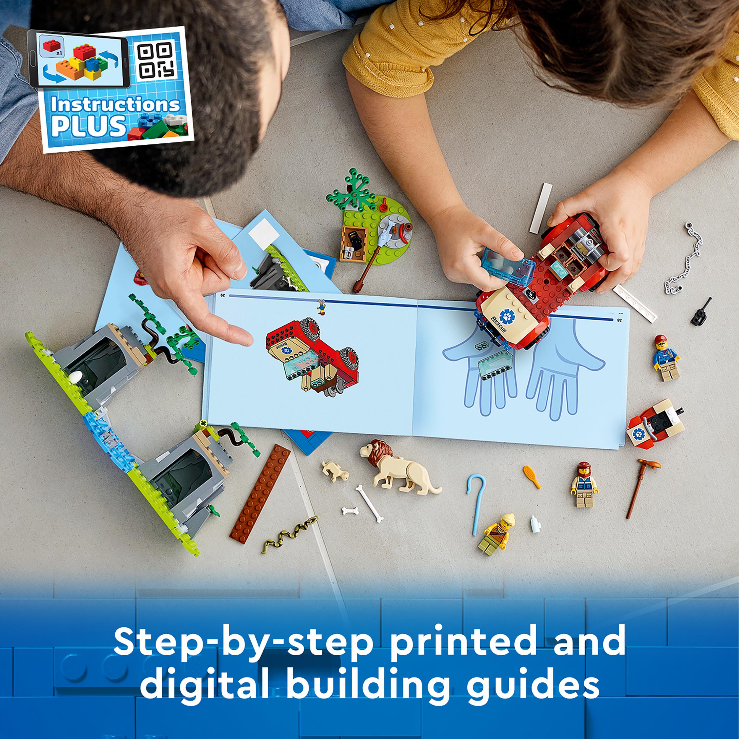 Child and adult building LEGO set with printed and digital guides, featuring animals and fun accessories.