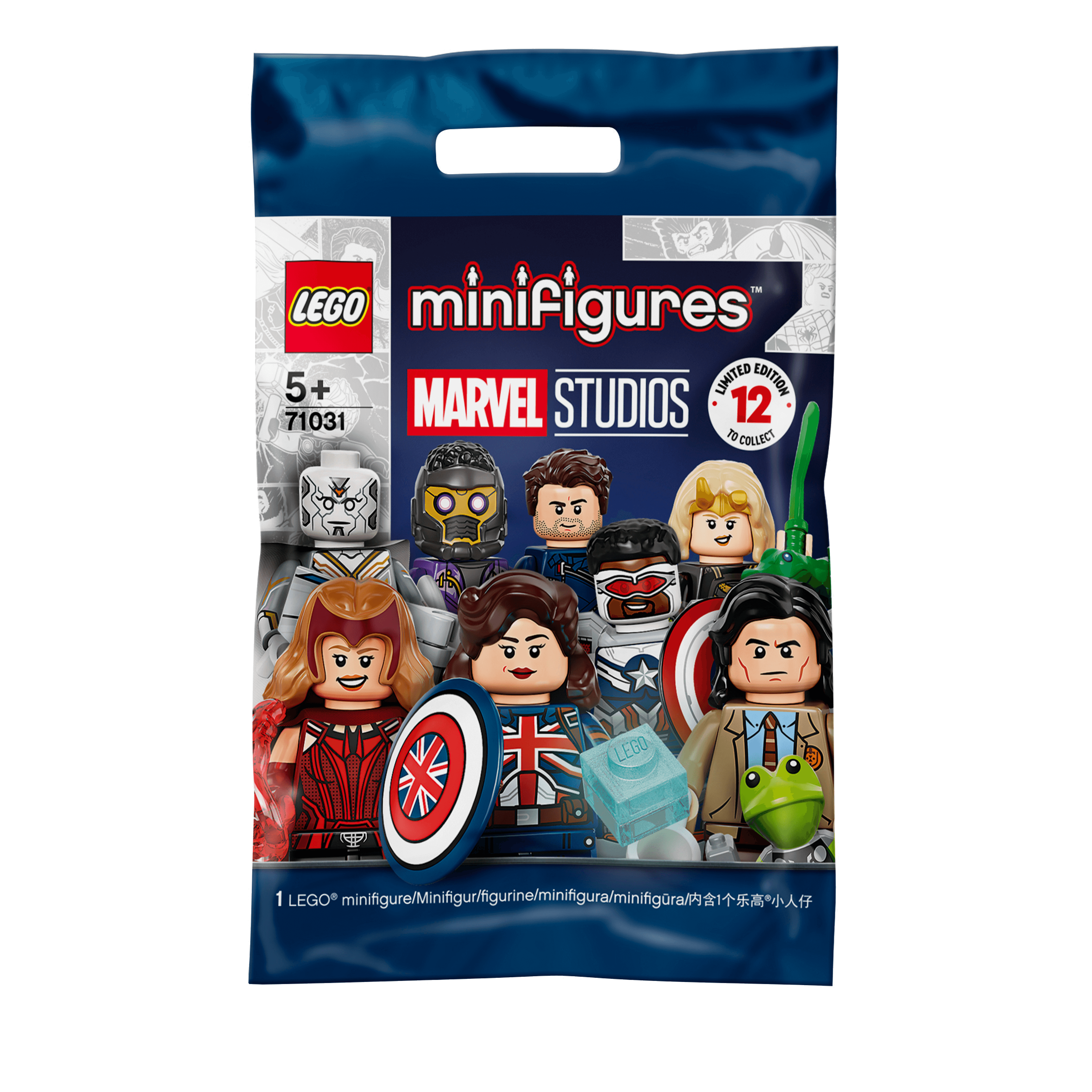 LEGO® Minifigures Marvel Studios Building Set 71031 packaging featuring 12 detailed characters with accessories.
