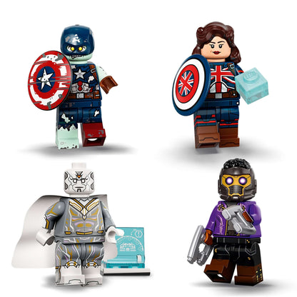LEGO® Marvel Studios Minifigures set featuring Captain America, Agent Carter, Vision, and Star-Lord with accessories.