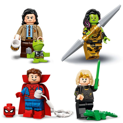 LEGO® Minifigures featuring Marvel characters like Loki, Gamora, Spider-Man, and Sylvie with accessories.