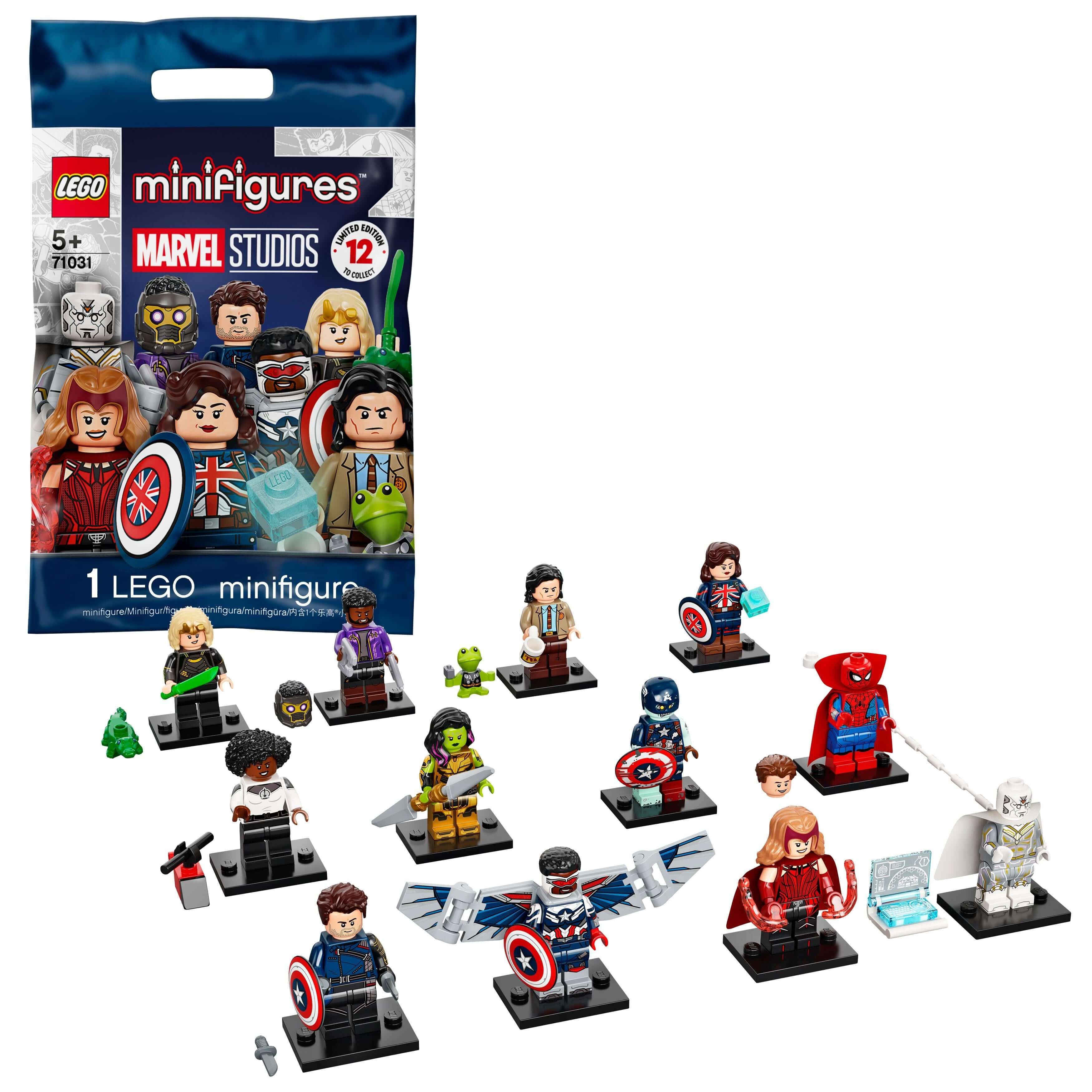 LEGO® Minifigures Marvel Studios Building Set 71031 featuring 12 unique characters and accessories in a mystery bag.