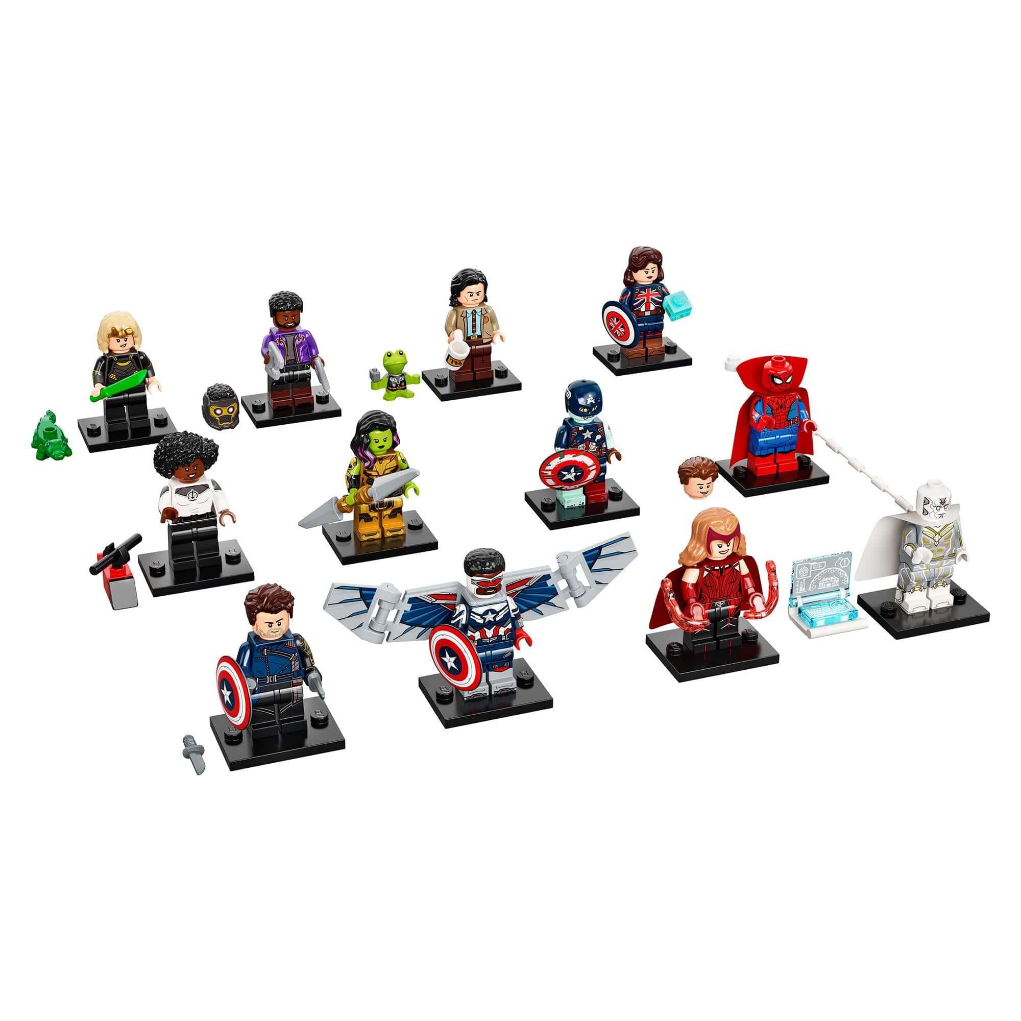 LEGO® Minifigures from Marvel Studios Building Set 71031 featuring various characters with accessories in mystery bags.