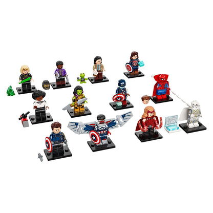 LEGO® Minifigures from Marvel Studios Building Set 71031 featuring various characters with accessories in mystery bags.