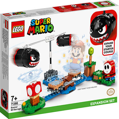 LEGO® Super Mario™ Boomer Bill Barrage Expansion Set 71366 box with game elements and playable characters.