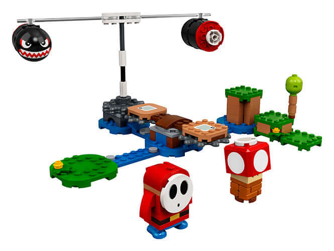 LEGO® Super Mario™ Boomer Bill Barrage Expansion Set 71366 with Shy Guy and Super Mushroom figures.