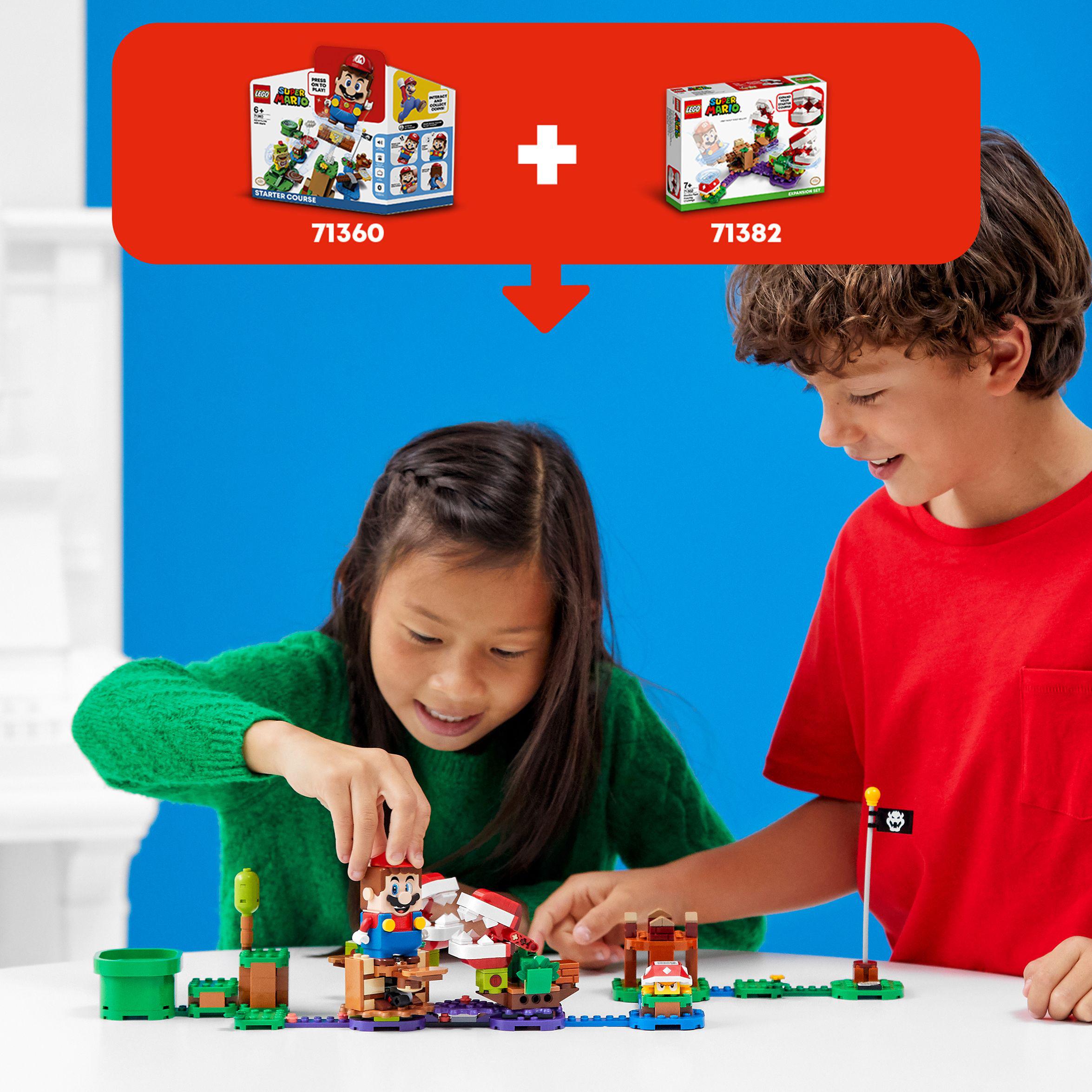 Kids playing with LEGO® Super Mario sets 71360 and 71382, building a Piranha Plant challenge in the Soda Jungle.