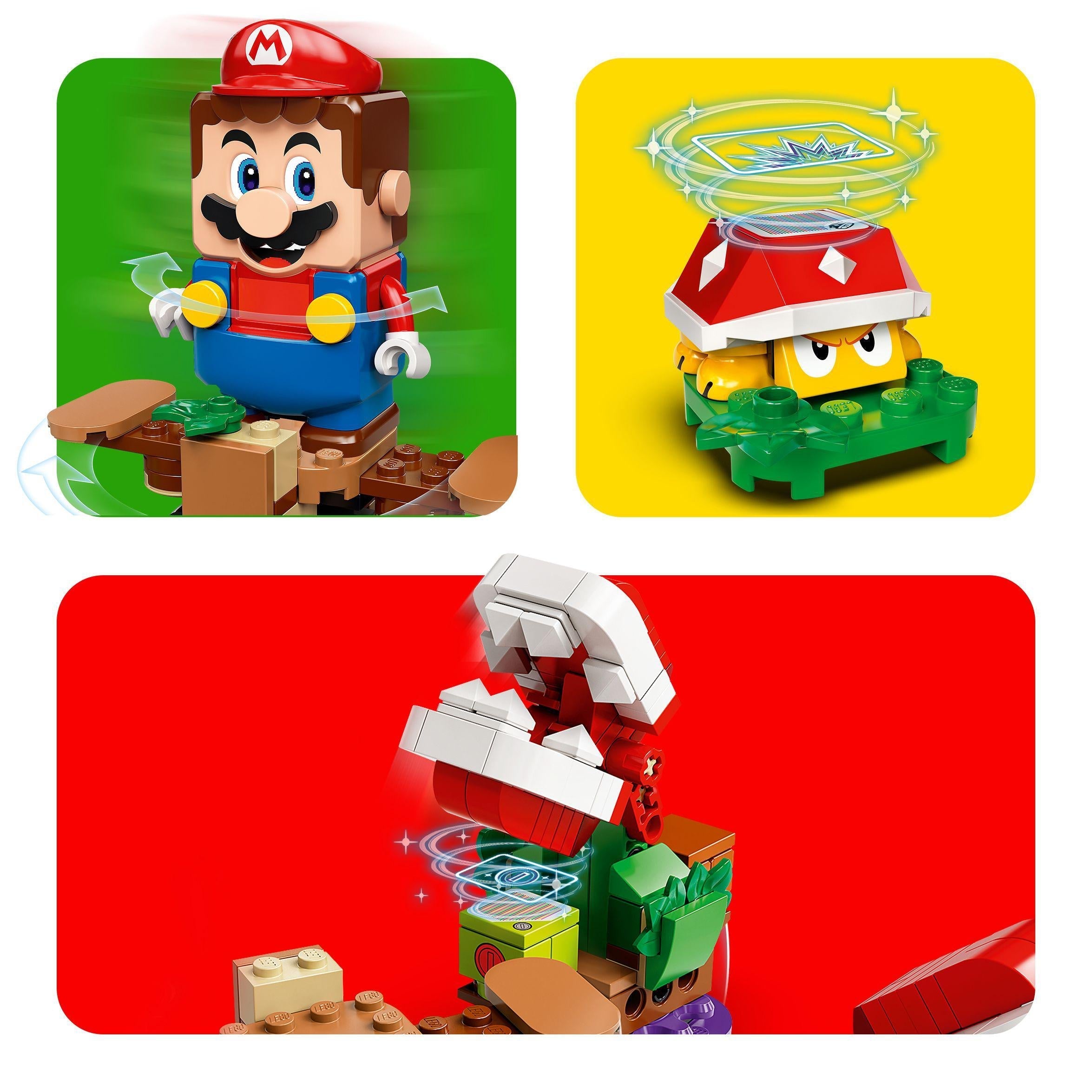 LEGO® Super Mario Piranha Plant Expansion Set 71382 featuring Mario and Piranha Plant challenges in vibrant colors.