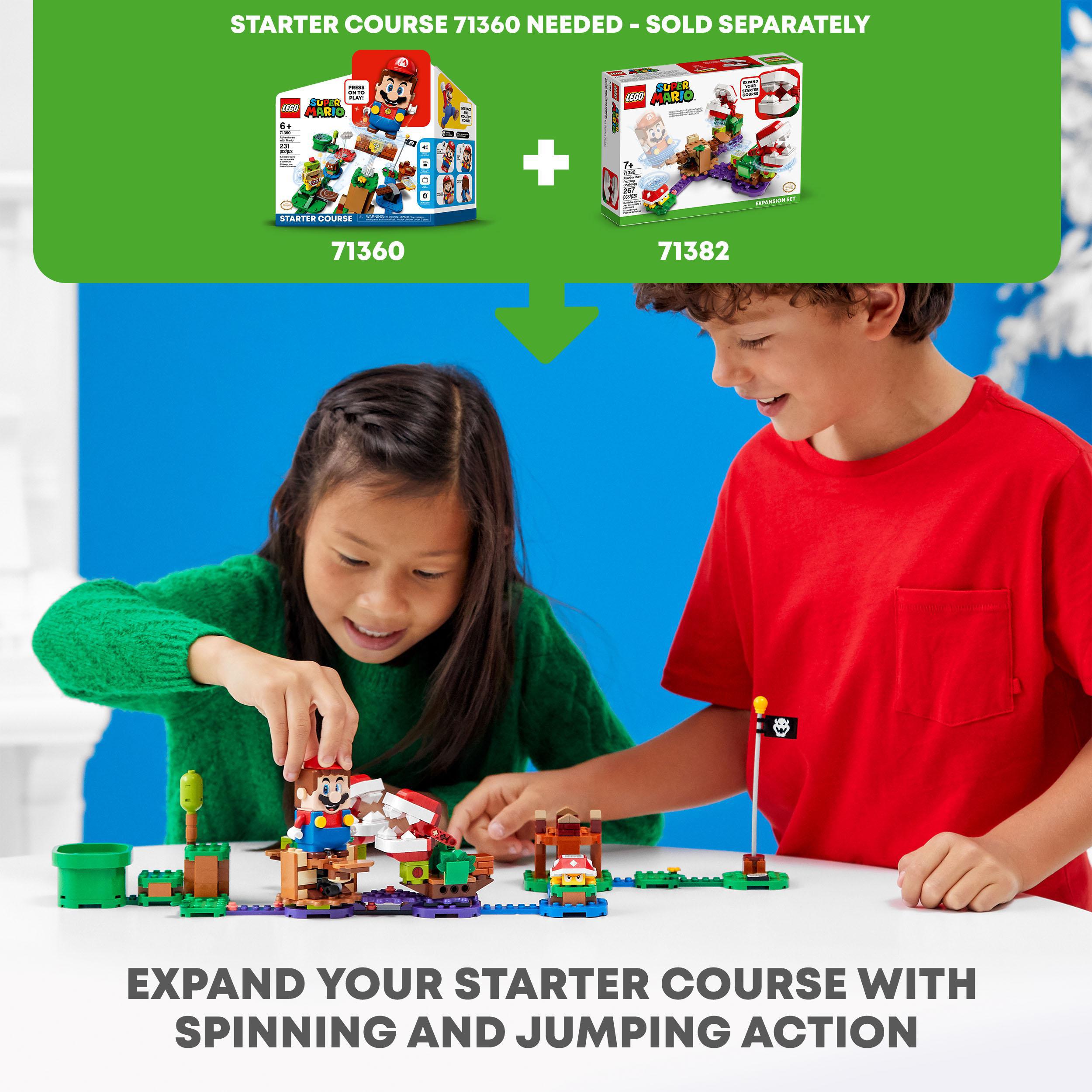 Children playing with LEGO Super Mario Piranha Plant Expansion Set 71382, adding action to Starter Course 71360.