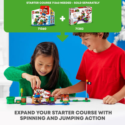 Children playing with LEGO Super Mario Piranha Plant Expansion Set 71382, adding action to Starter Course 71360.